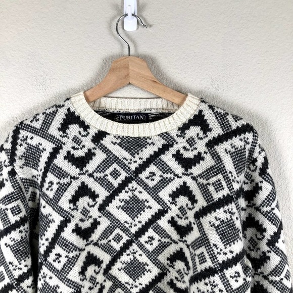 𝅺vintage Puritan Sweater Cream Gray Print Shetland Wool Blend Knit Size Large - Picture 3 of 11